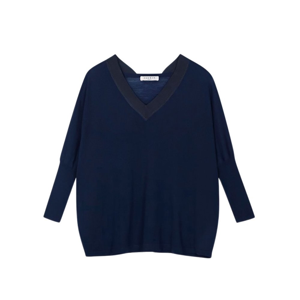 Sandro Paris Navy Wool Grosgrain V-Neck Oversized Batwing Long Sleeve Sweater
